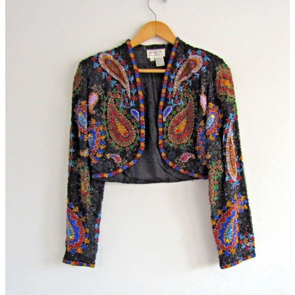 Oleg Cassini Black Tie Bolero Jacket 8 Multicolor Paisley Beaded Elegant Formal - Picture 1 of 13